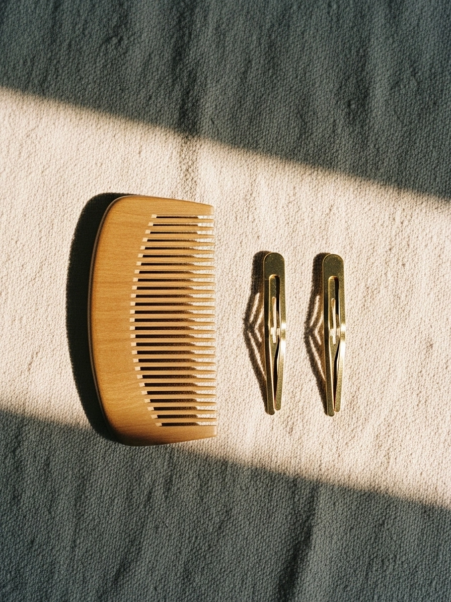 木製コームとヘアクリップ