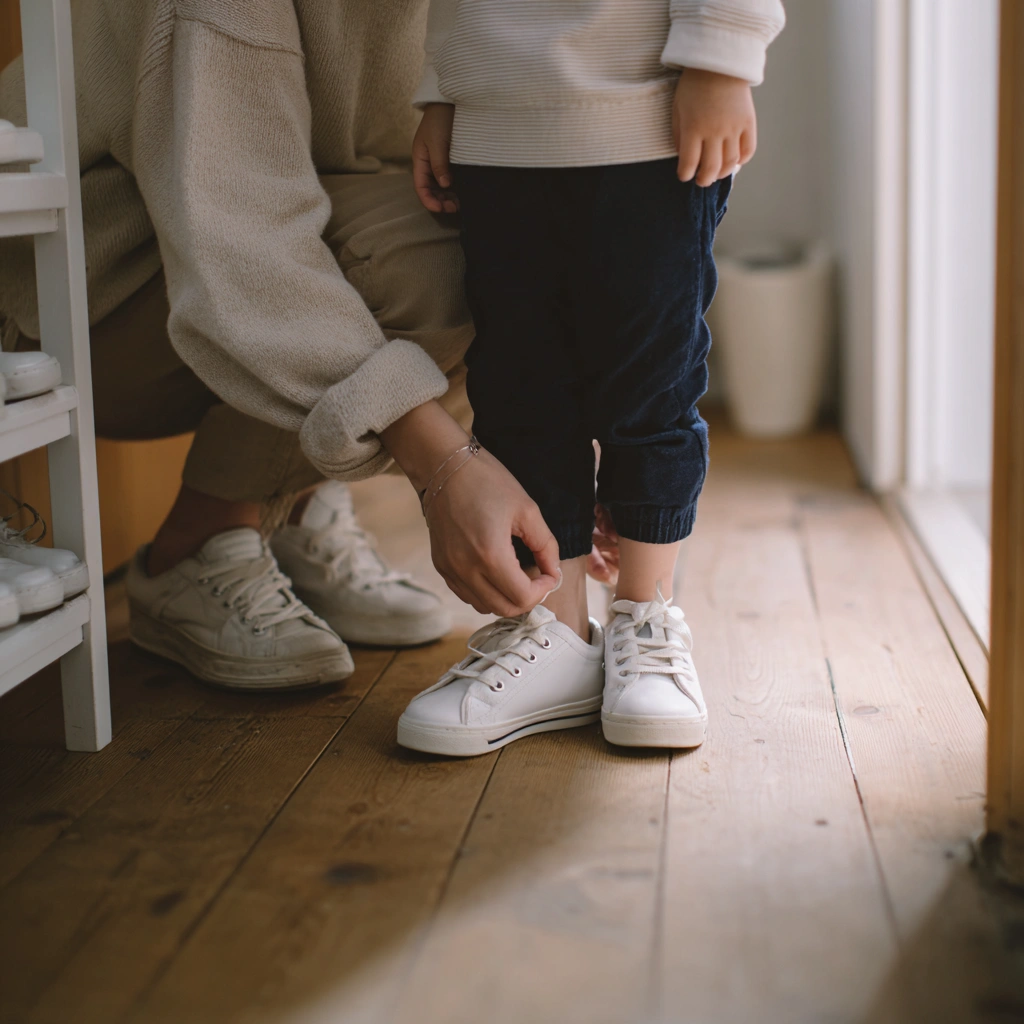 子どもの靴を結ぶ母親