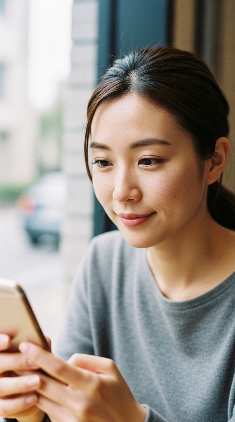 カフェでスマホを見る日本人女性（上半身・自然光）