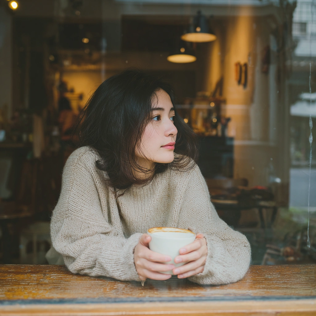カフェの窓辺でコーヒーを持つ女性
