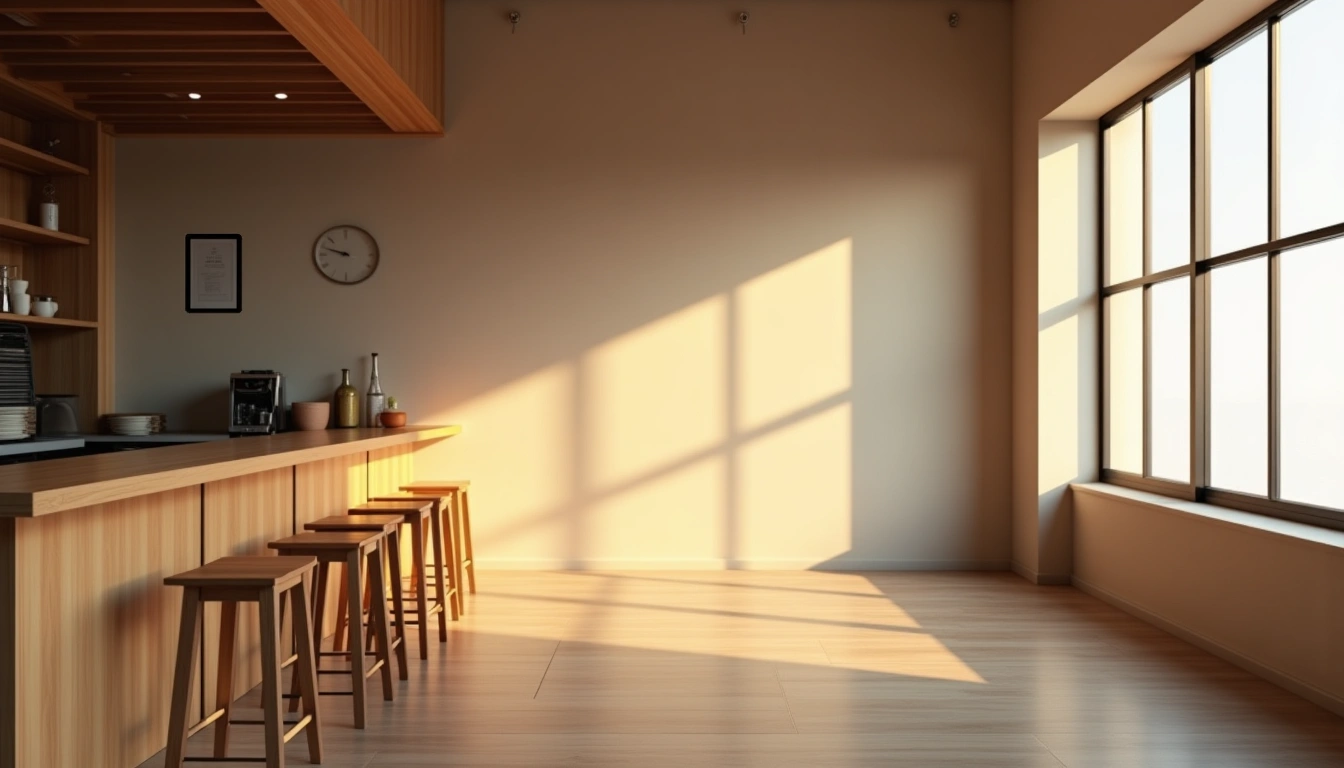 木のカウンターとスツールのカフェ内装