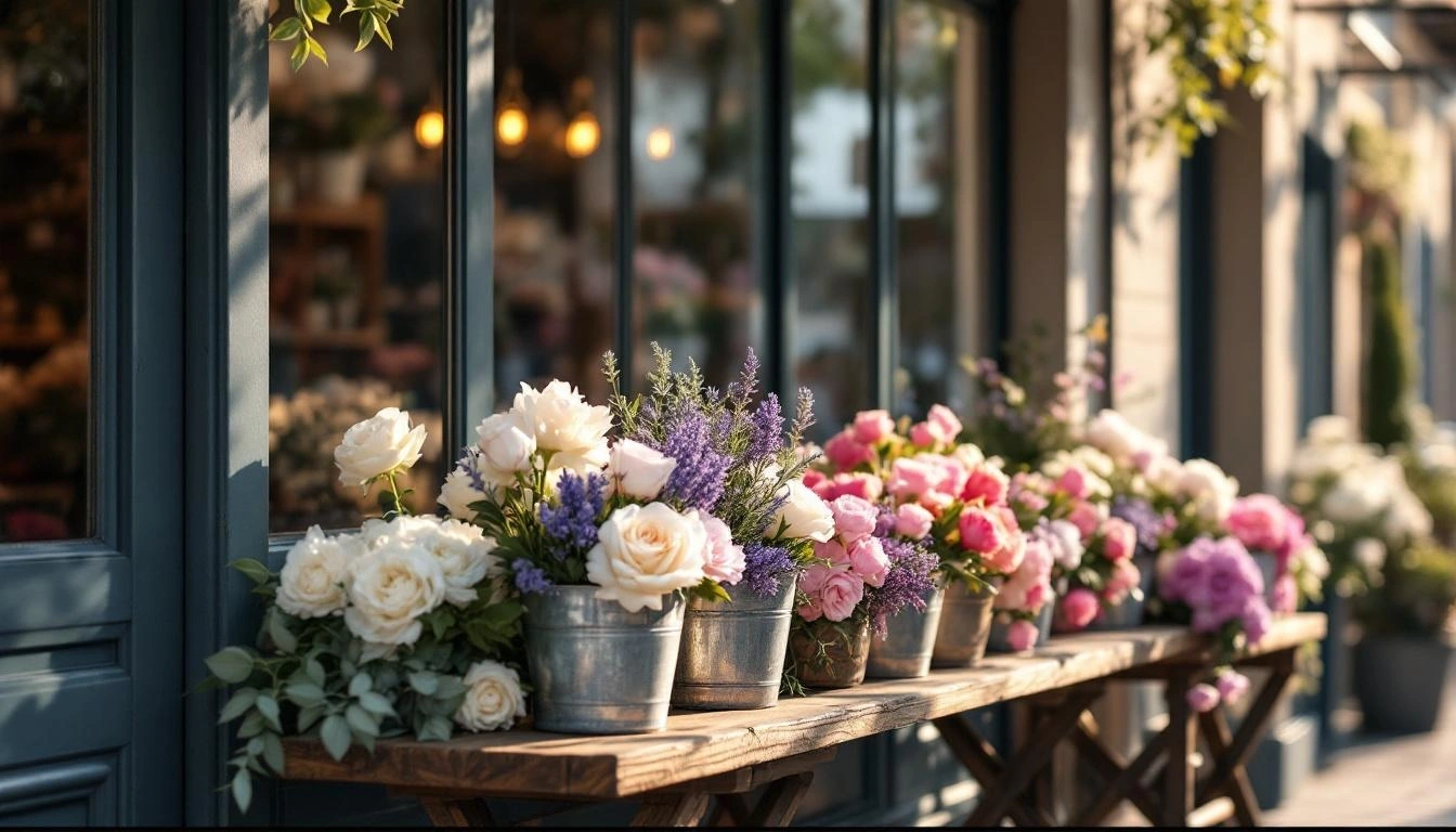 花屋の店頭に並ぶ季節の花束