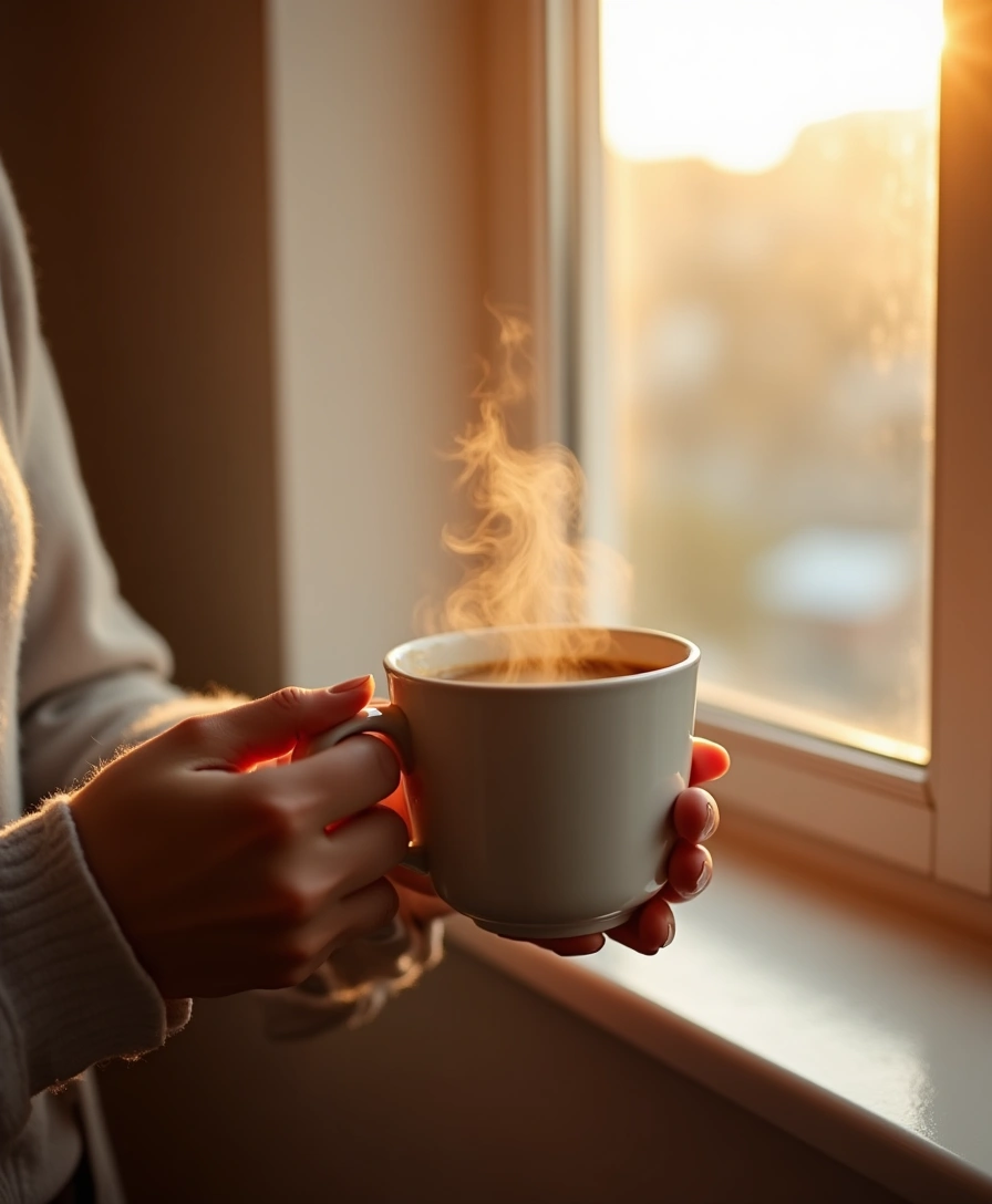 窓辺でコーヒーを持つ手元