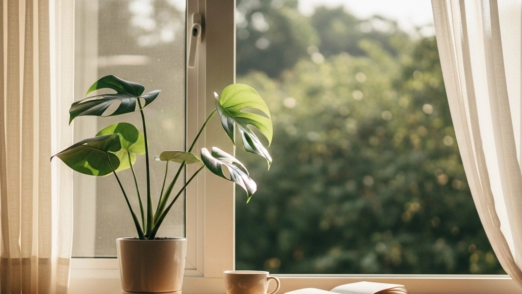 窓辺の観葉植物とコーヒーカップ（朝の光）