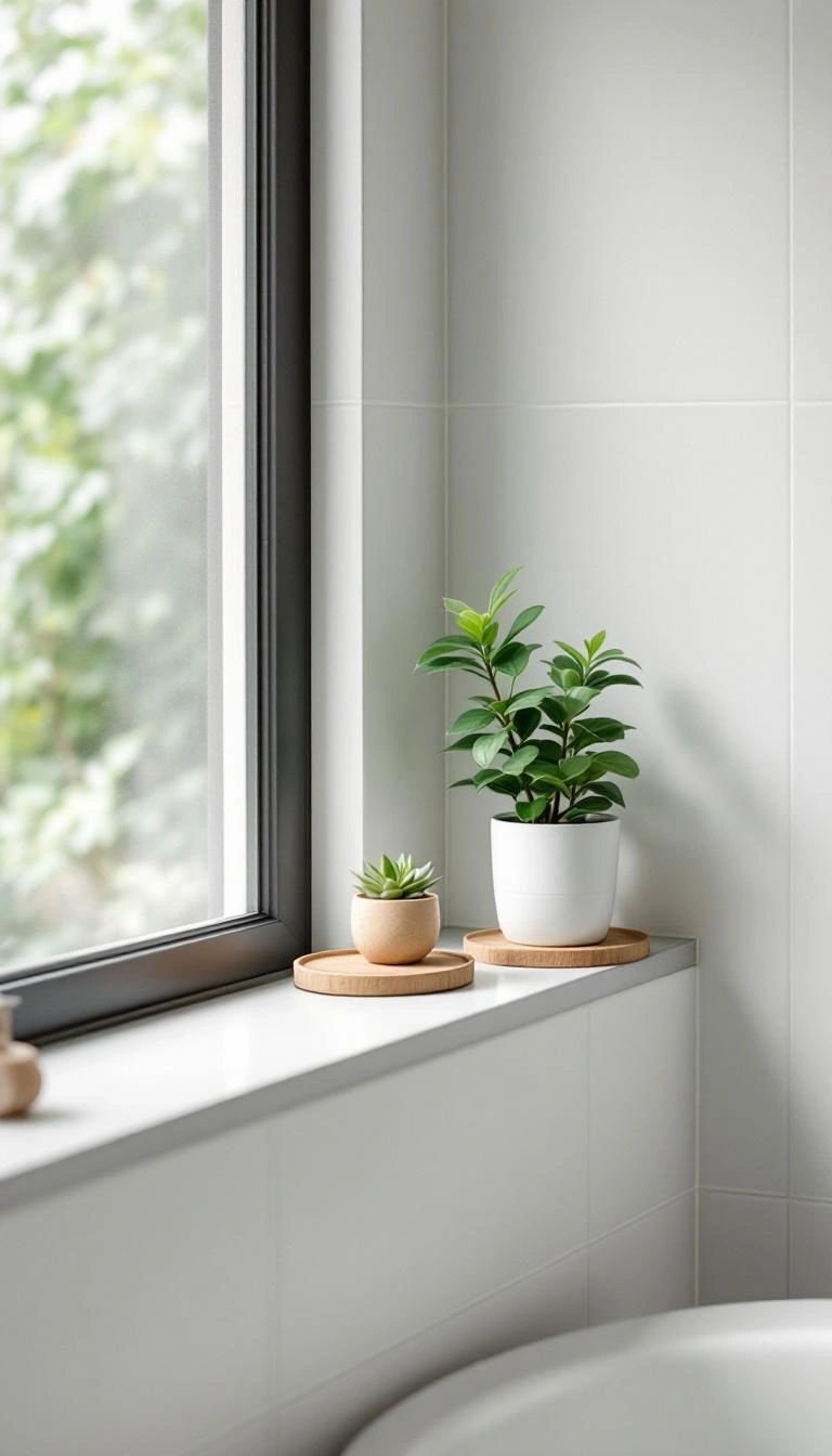 洗面所の窓辺に置かれた小さな観葉植物（引き画）