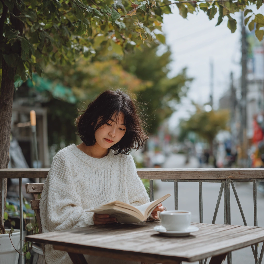 テラス席で読書する女性