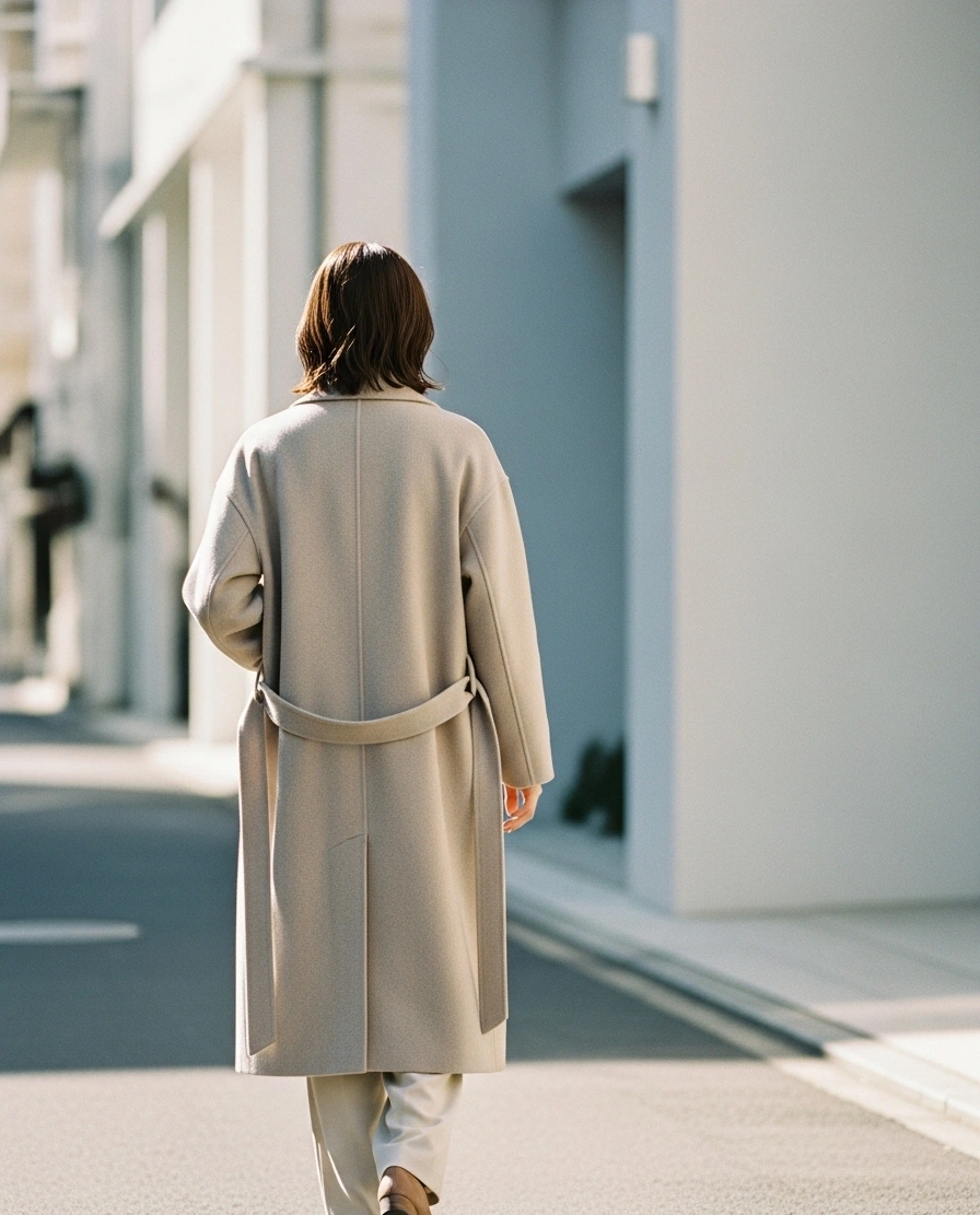 シンプルなコーデの女性（後ろ姿・街並み）
