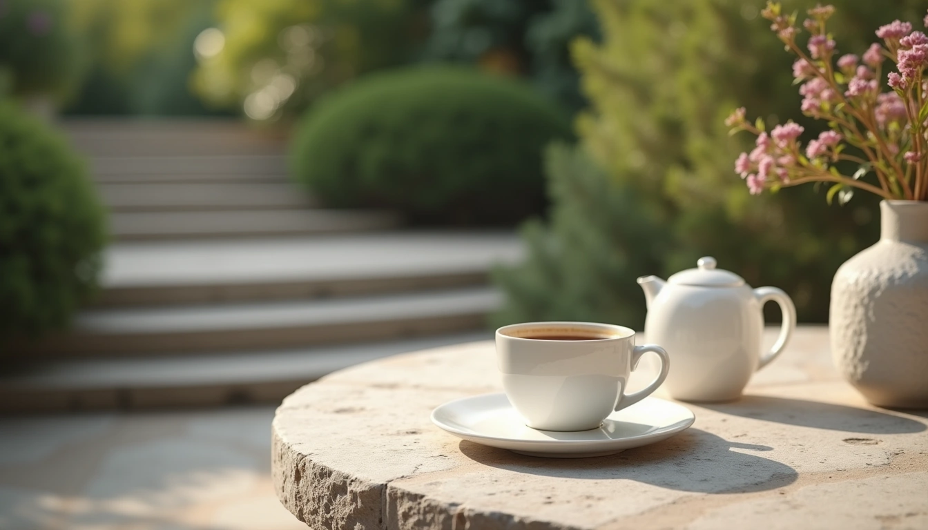 庭のテーブルに置かれた紅茶セット