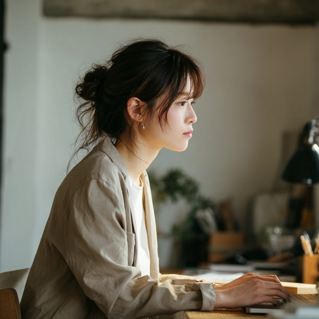 デスクで仕事する女性の横顔