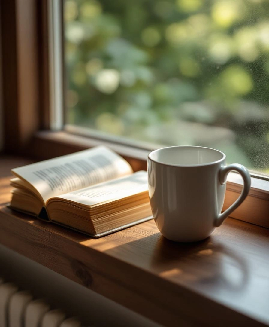 読書する窓際のティーカップと本