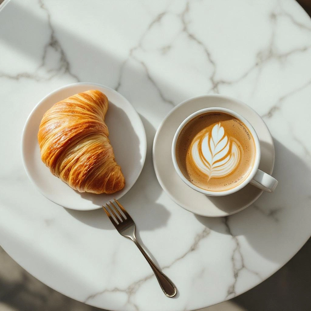 コーヒーとクロワッサンのカフェモーニング（俯瞰）