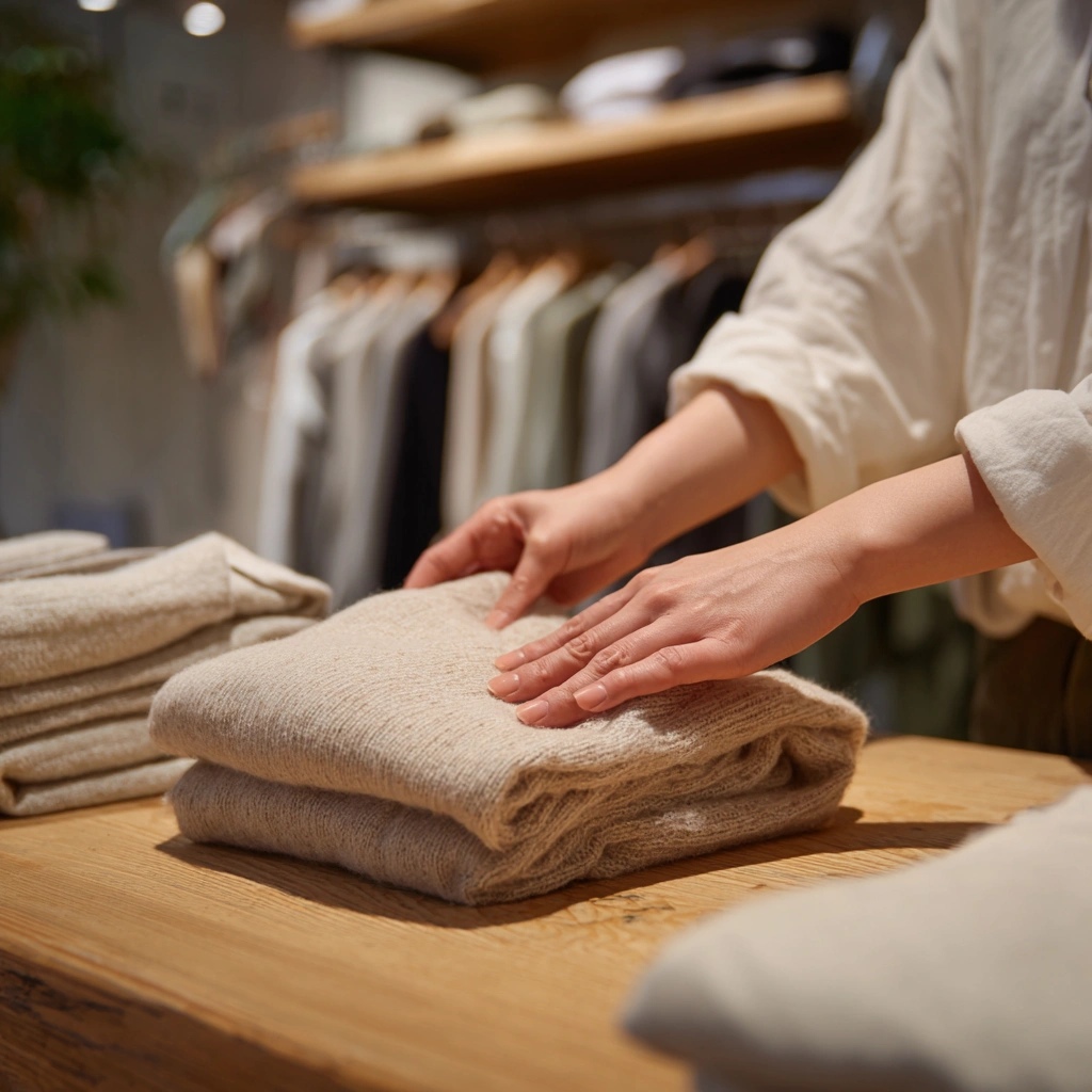アパレルショップで服をたたむ