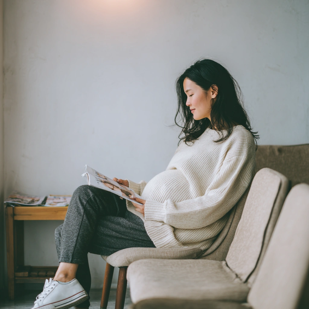 妊婦がソファで雑誌を読む