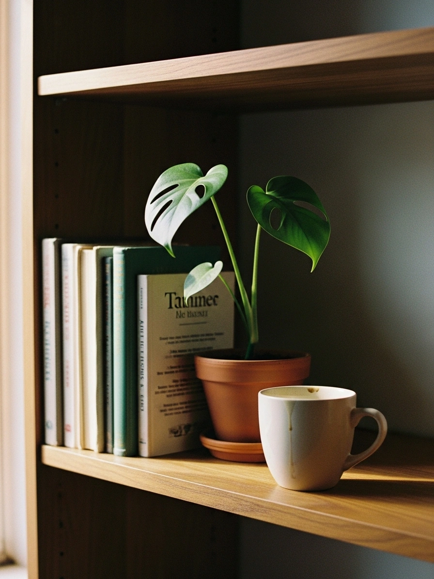 本棚と観葉植物のコーナー