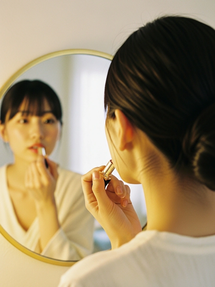 鏡の前でリップを塗る女性（ドレッサー）