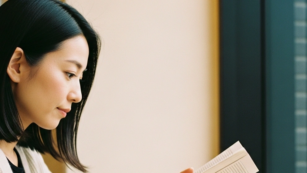 カフェで読書する女性（横顔・窓辺）