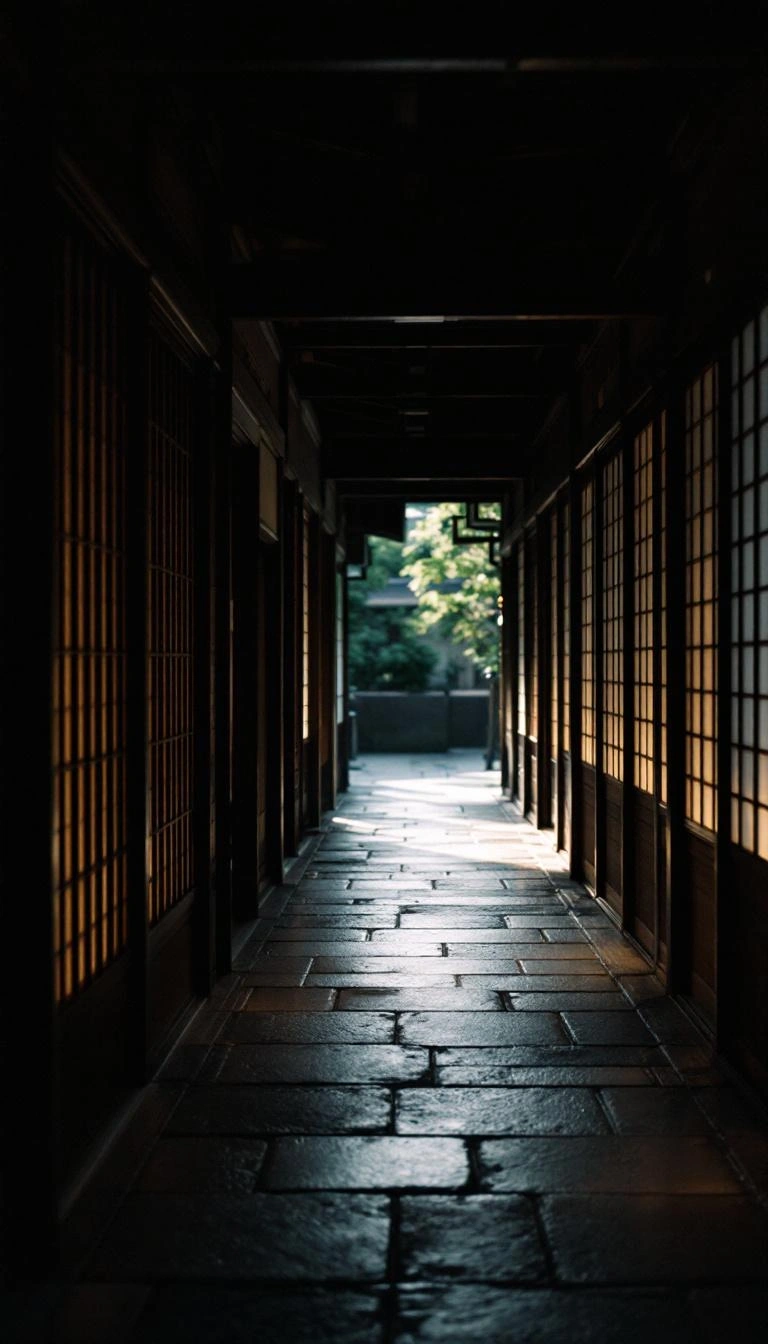 温泉旅館の石畳廊下（縦・和の静寂）