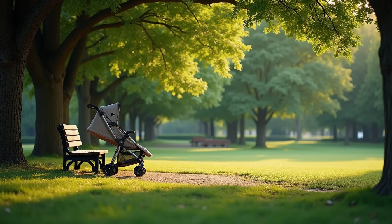 ベビーカーと公園のベンチ（無人）