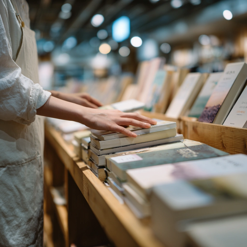 書店で本を手に取る女性