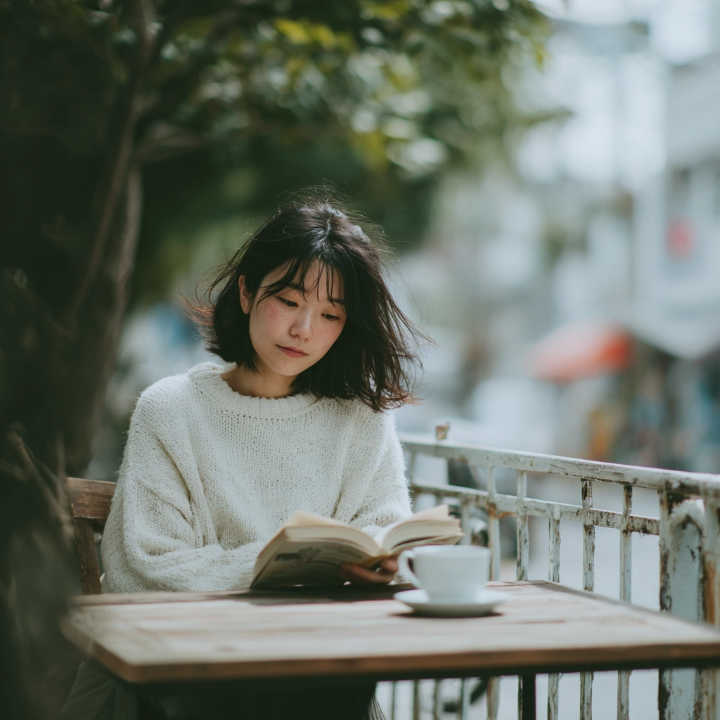 テラス席で読書する女性