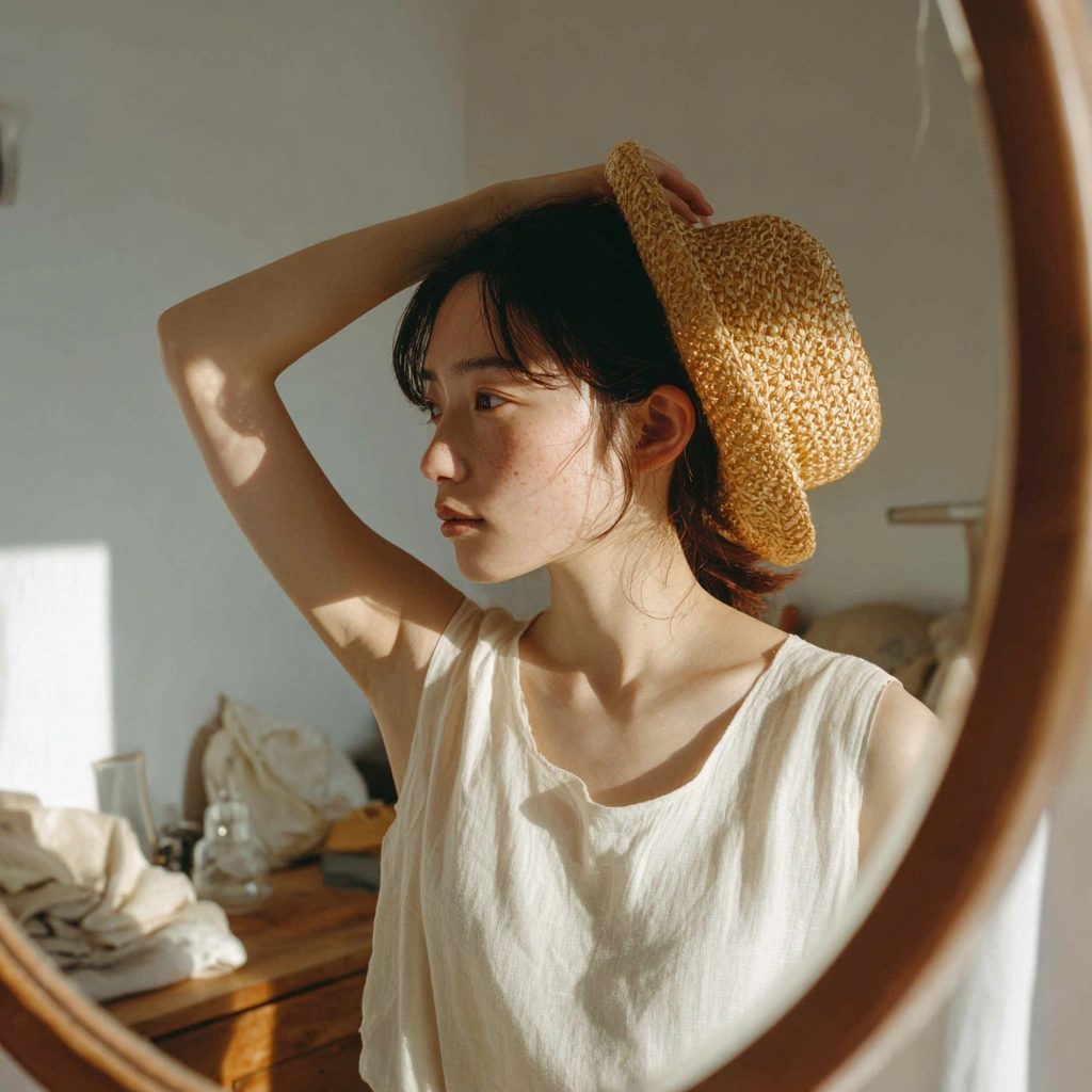 麦わら帽子を試着する女性