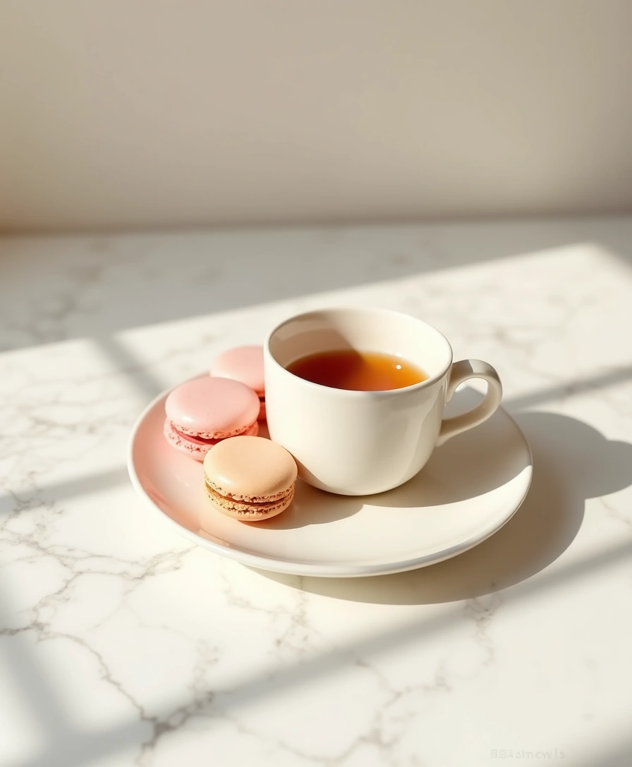 マカロンと紅茶の大理石テーブル