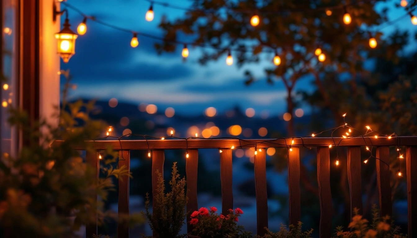 テラスのストリングライト（暖色の夕暮れ）