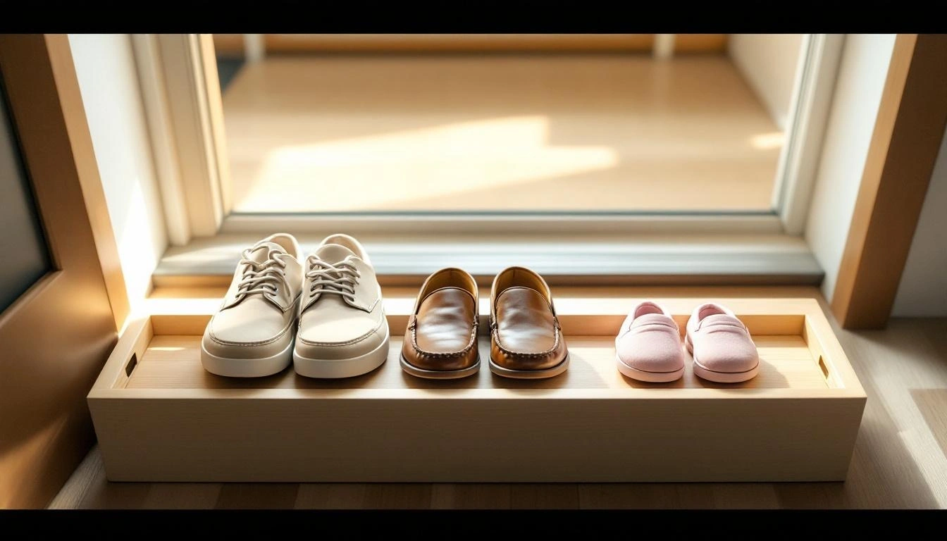 玄関の靴棚に並ぶ親子の靴（大人＋幼児）
