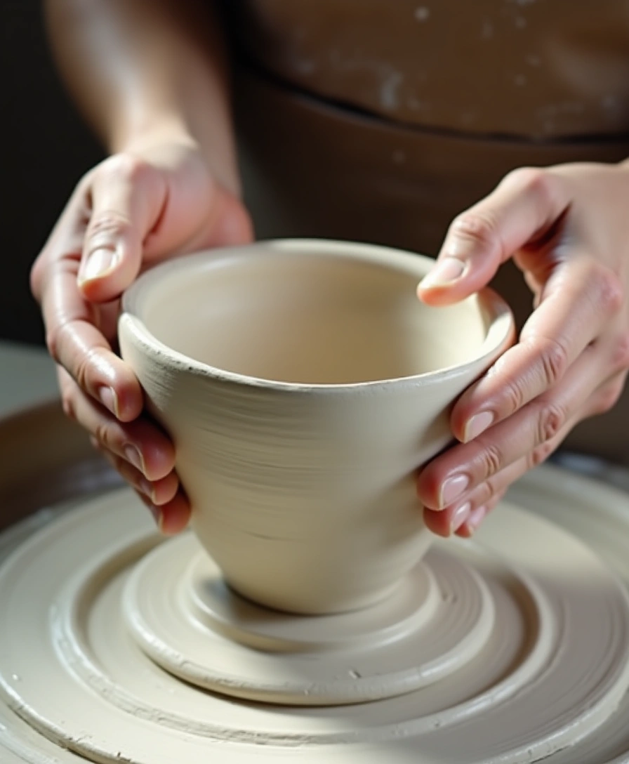 陶芸ろくろで器を成形する手元