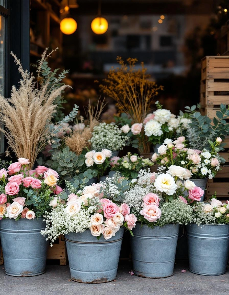 花屋の店先（バケツに入った季節の花）