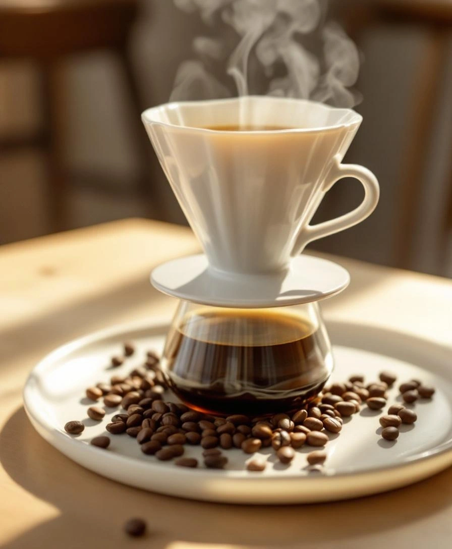 陶器ドリッパーとコーヒー豆のクローズアップ
