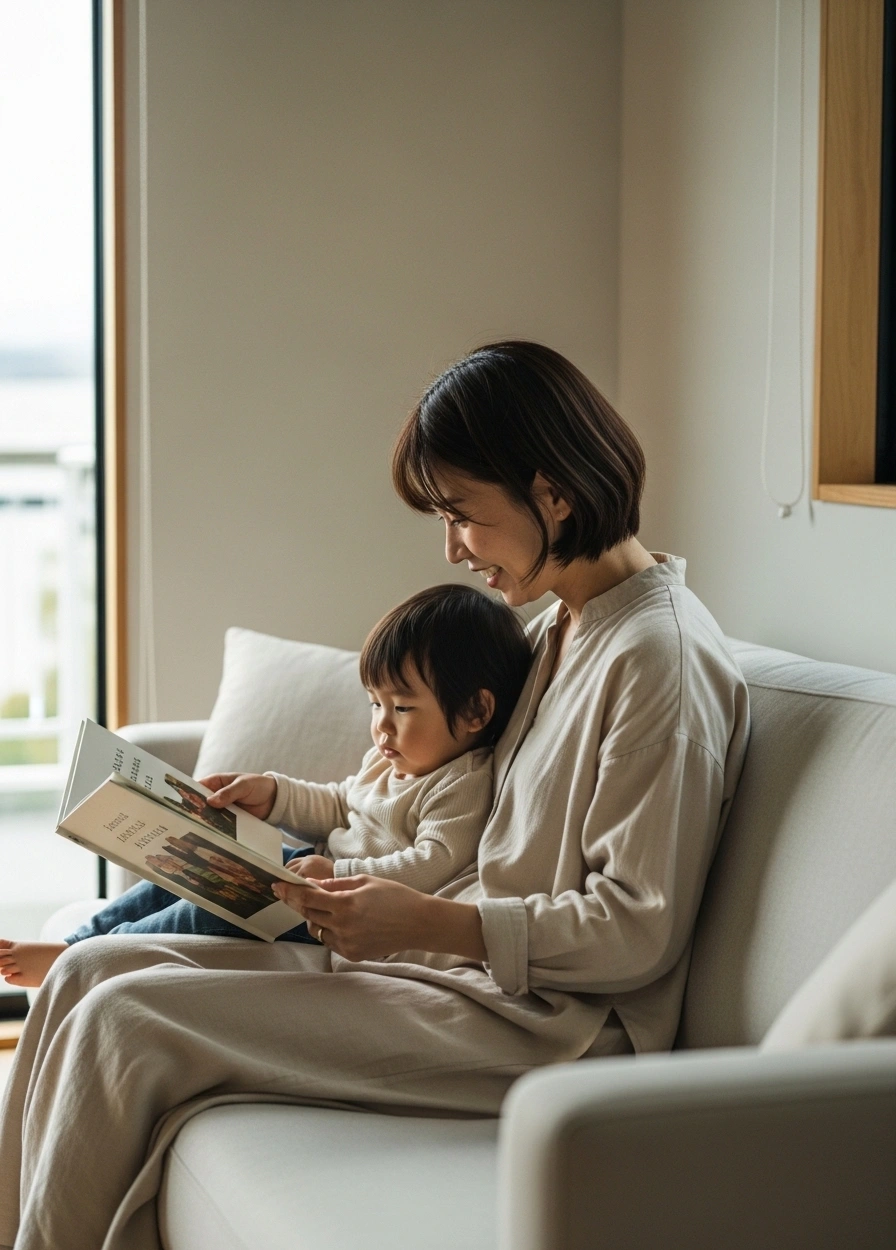 窓際で絵本を読む母と子（横顔・ナチュラルシーン）
