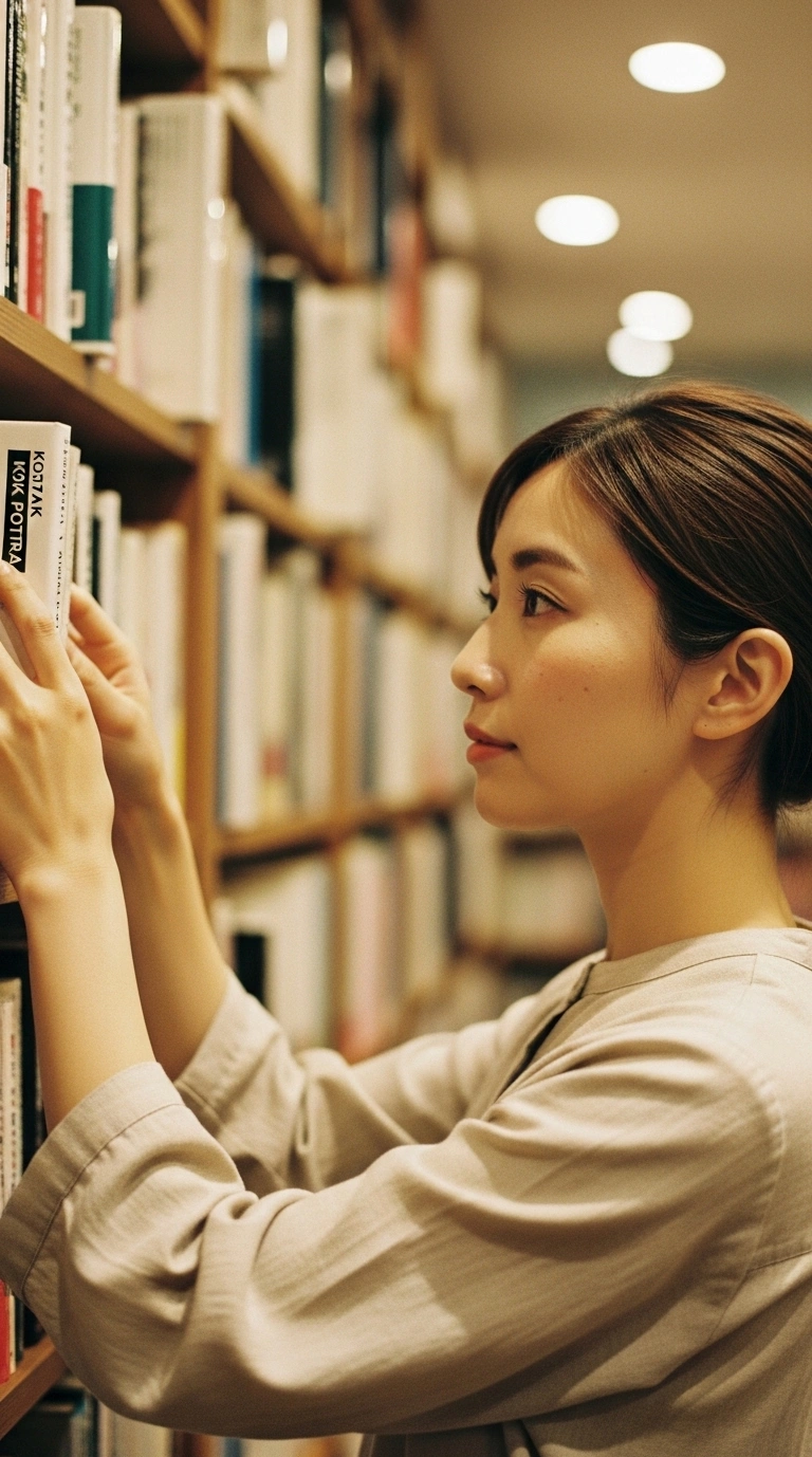 書店で本を手に取る日本人女性（横顔・棚前）