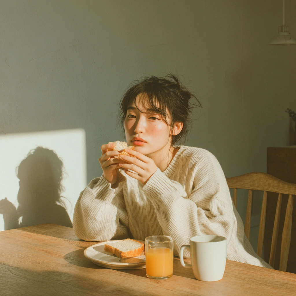 朝食のトーストを食べる女性