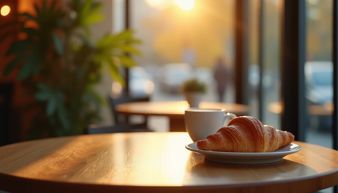 カフェの朝食クロワッサンとコーヒー