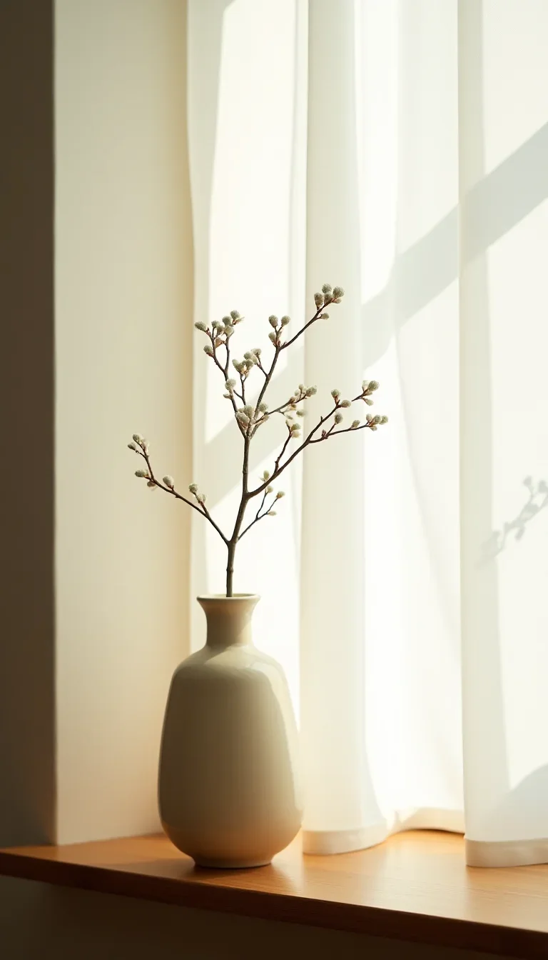 窓際の陶器花瓶と一輪の枝もの（縦長）