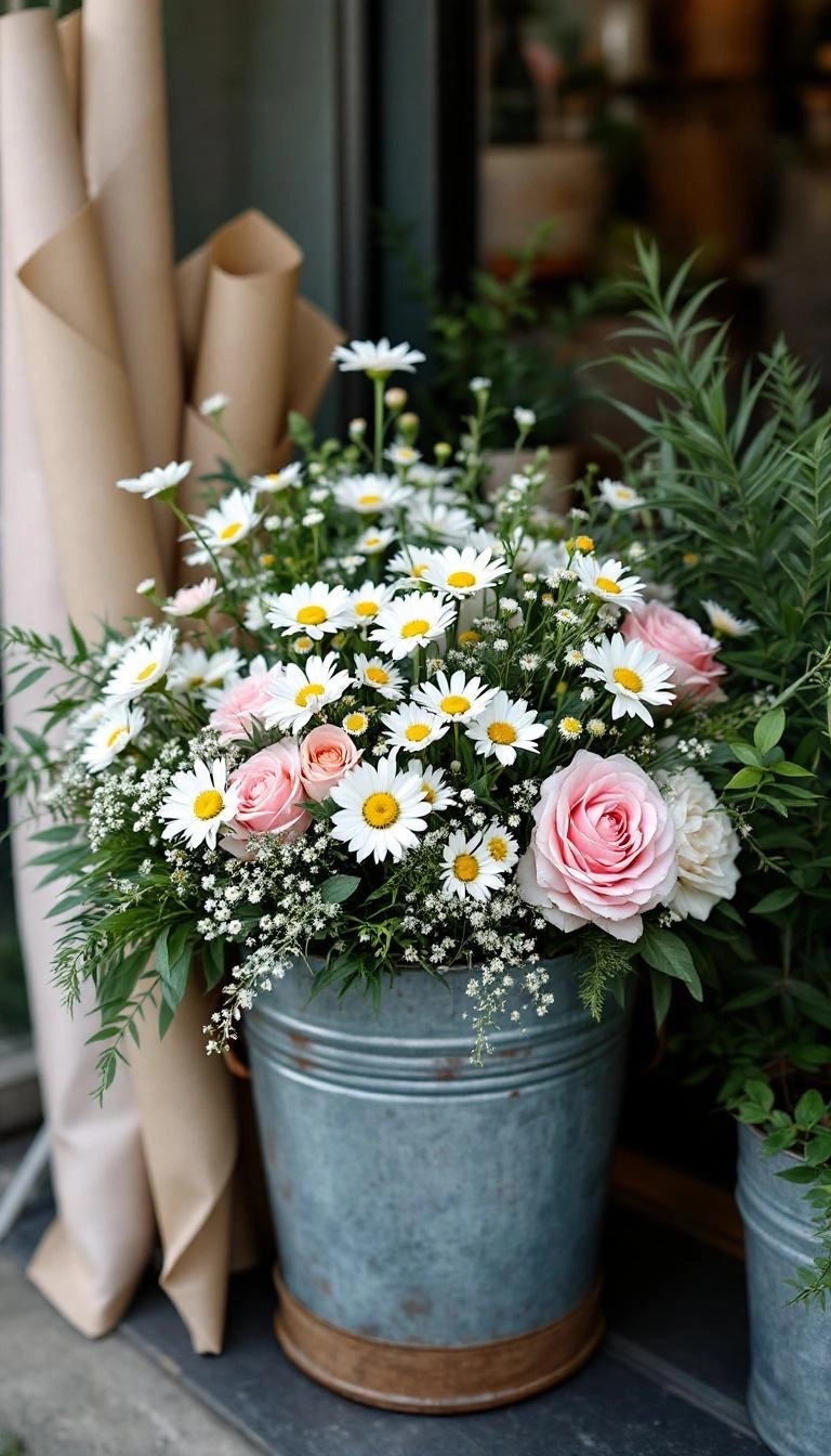 花屋のバケツに入った花束とラッピング