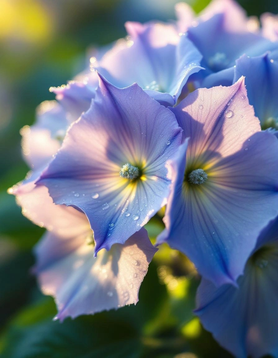 朝露に濡れた紫陽花のクローズアップ