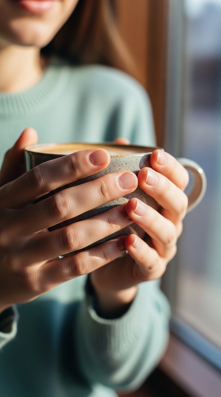 カフェで両手でカップを持つ女性（手元クローズアップ）