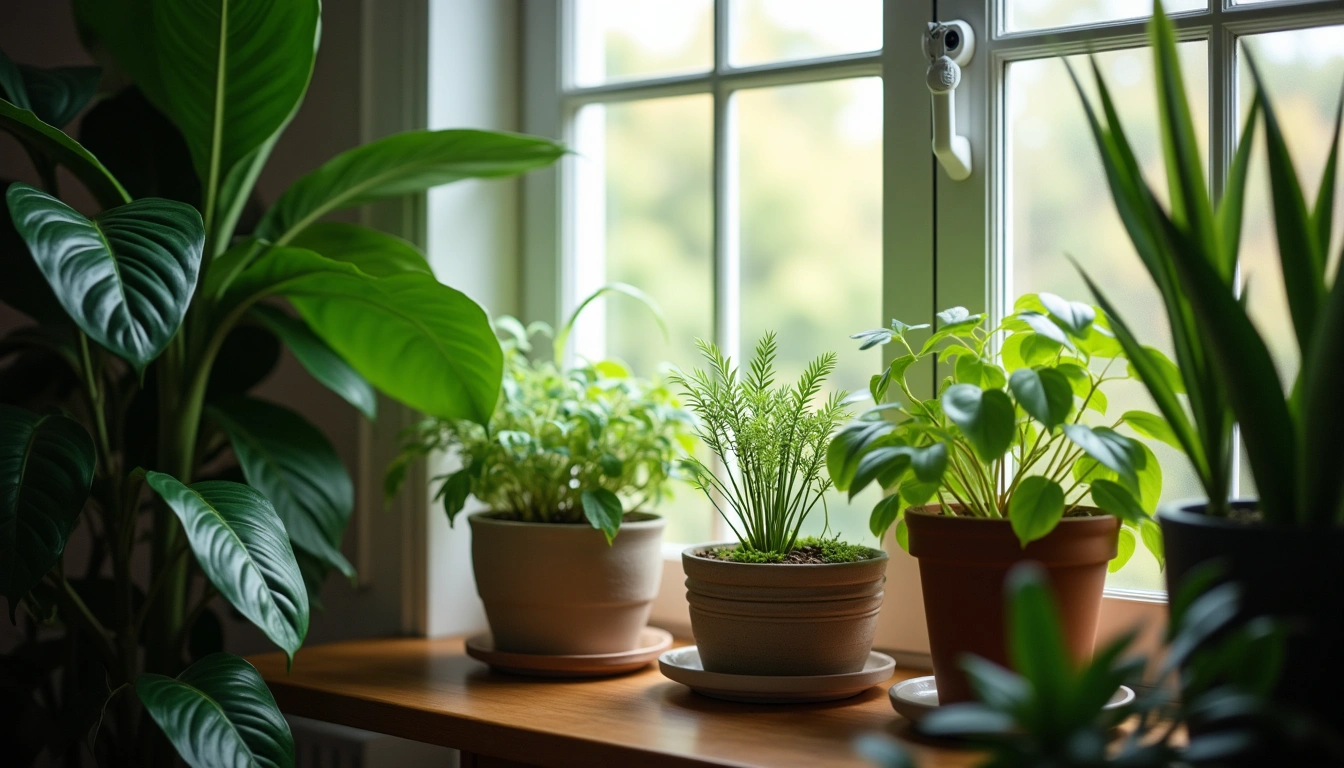 明るい窓際に並ぶ複数の観葉植物