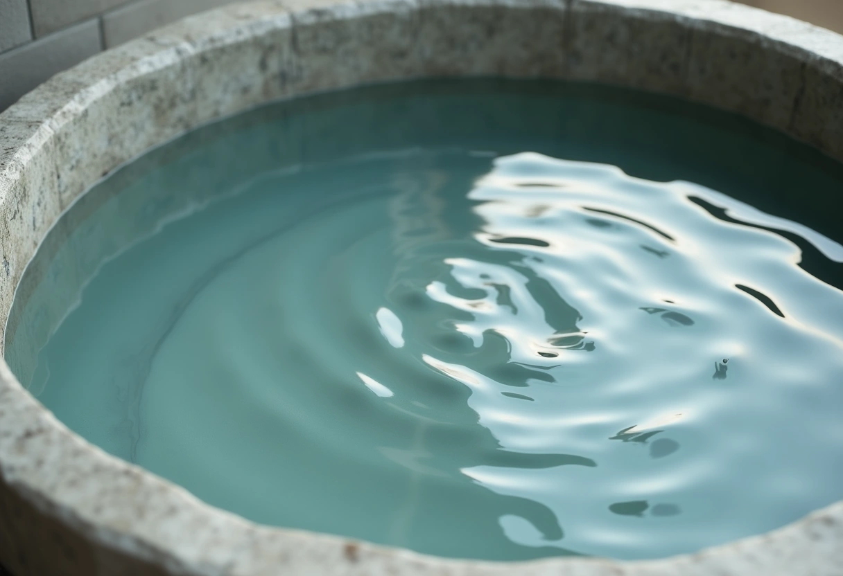 天然石の水盤に揺れる水面