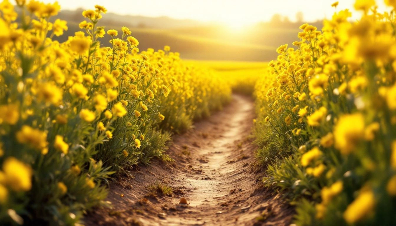 菜の花畑の小道と春の光