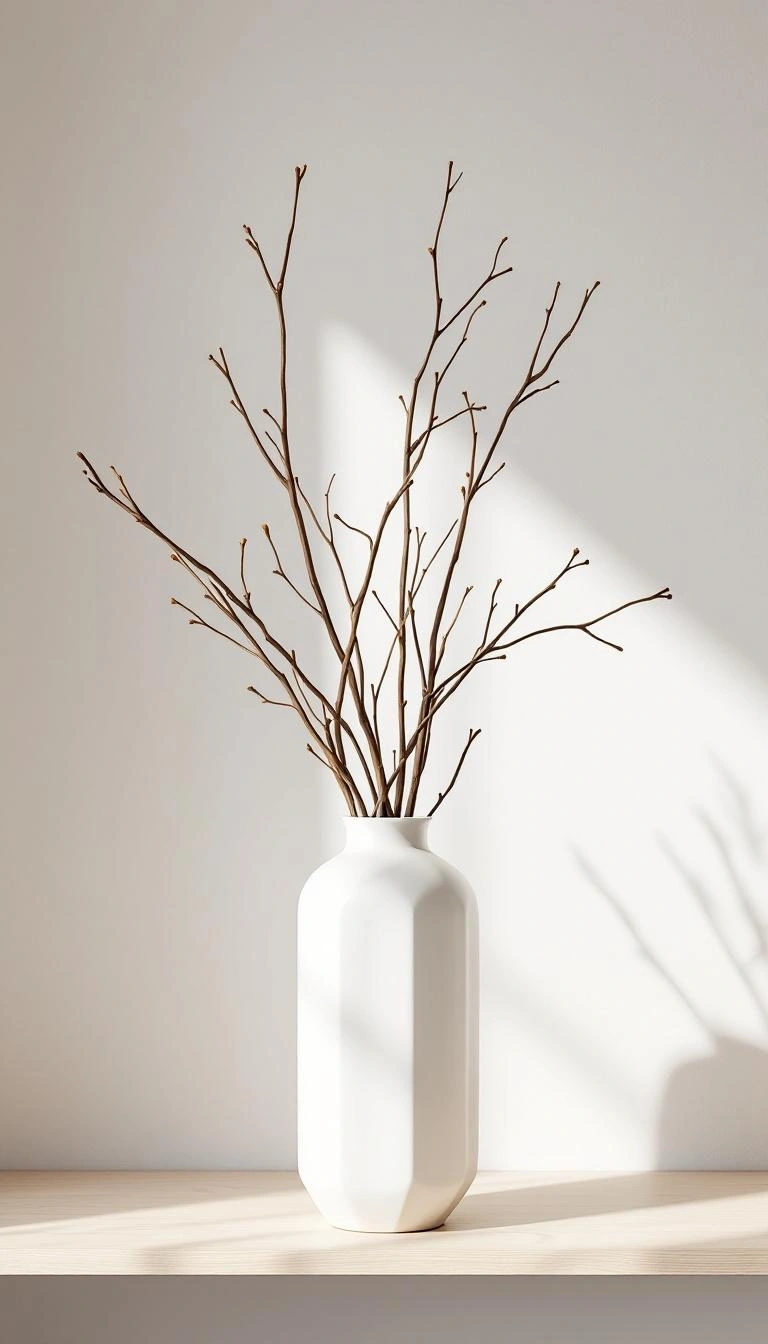 陶器の花瓶と枯れ枝のアレンジ