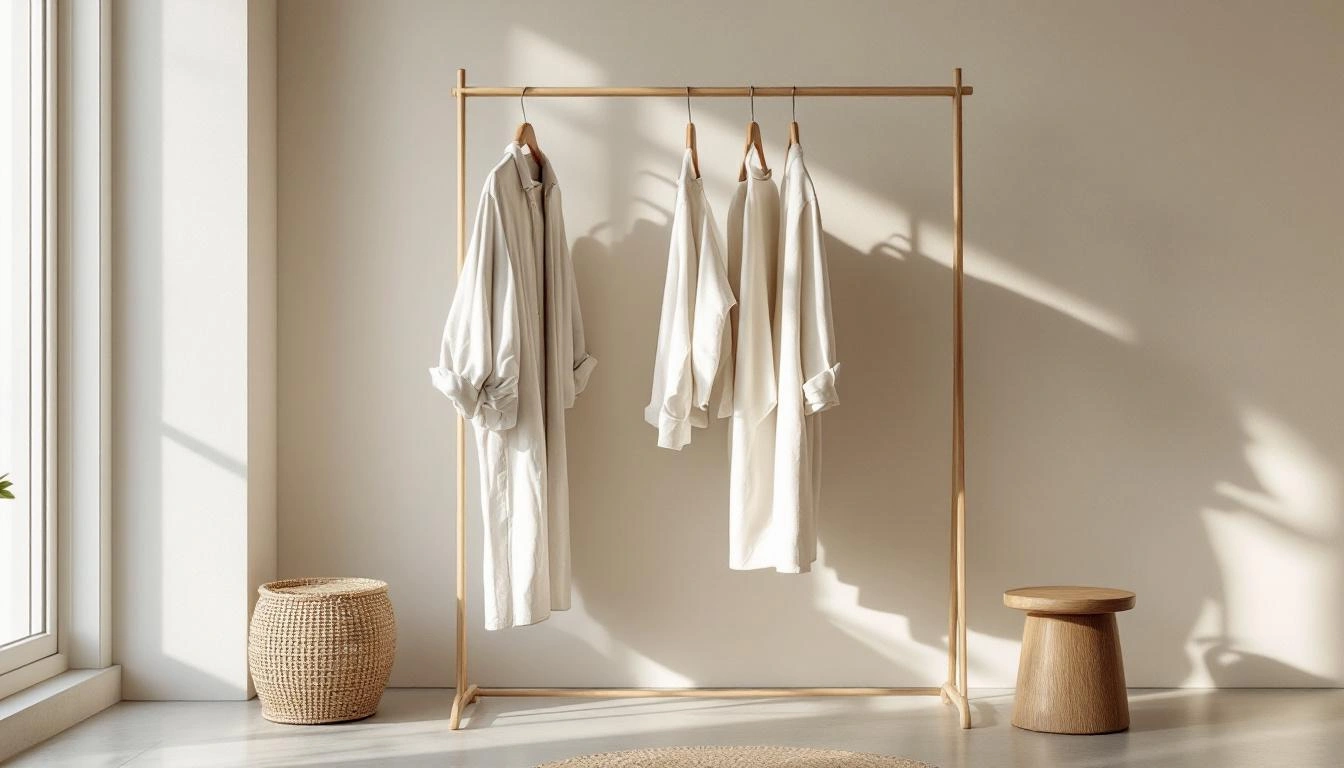 ミニマルなセレクトショップの什器（服がかかったラック）