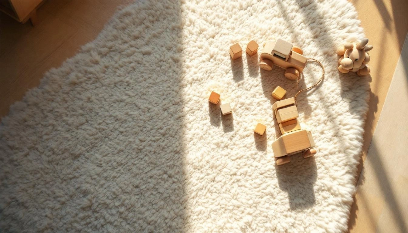 子供用の木製おもちゃと毛糸ラグ