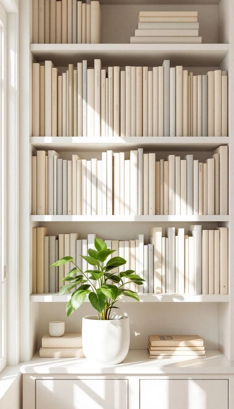 白い本棚と観葉植物（縦・インテリア）