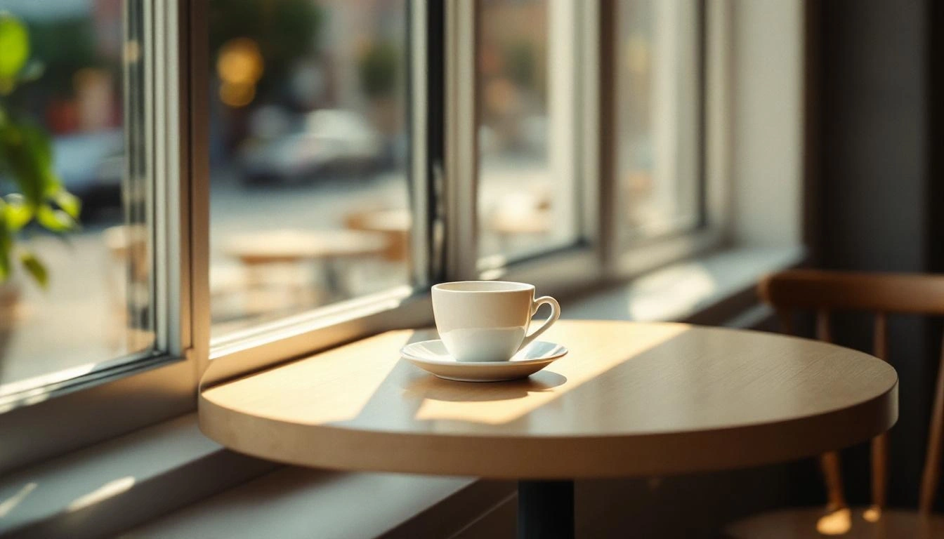 カフェのテーブルと窓の光（横長・無人）