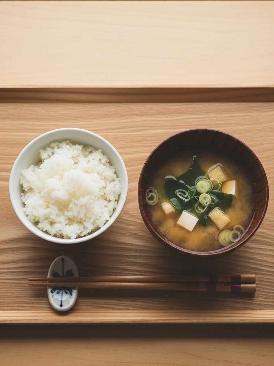 白米と味噌汁のシンプル和朝食（俯瞰）