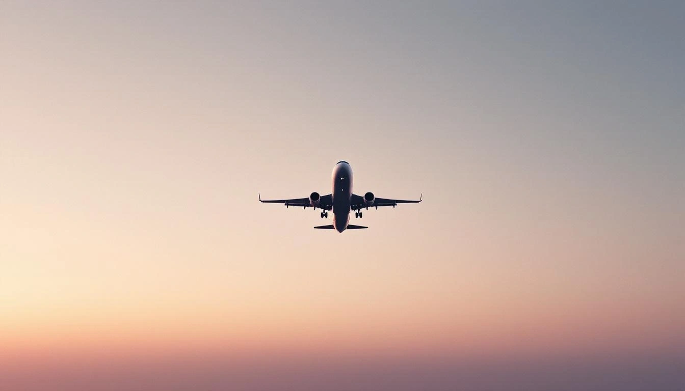 離陸する旅客機と夕暮れの空