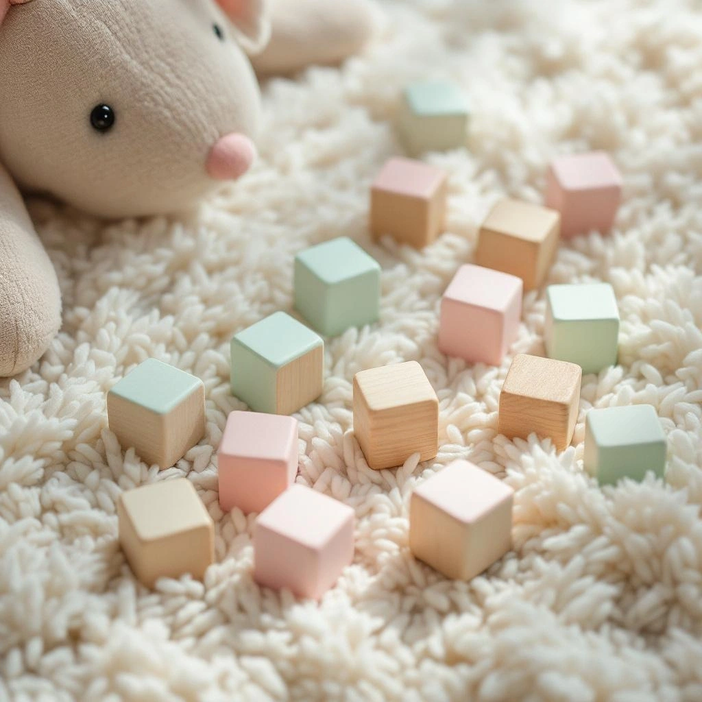 子ども用の木の積み木とぬいぐるみ
